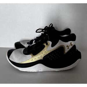 Under Armour UA Jet '23 White/Black/Gold Boys Size 4.5 Basketball Shoes EUC